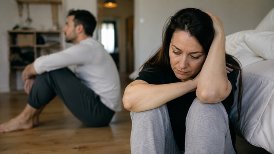 Woman sitting on the floor of a bedroom looking emotionally exhausted while her husband sits blurred in the background facing away, illustrating emotional confusion, self-doubt, and disconnection within a troubled marriage.