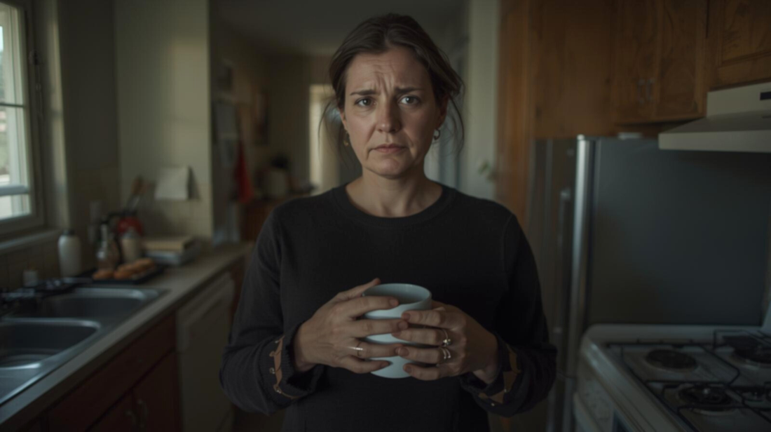 Woman standing quietly in her kitchen holding a coffee mug, looking distant and mentally unsettled in a confusing marriage dynamic