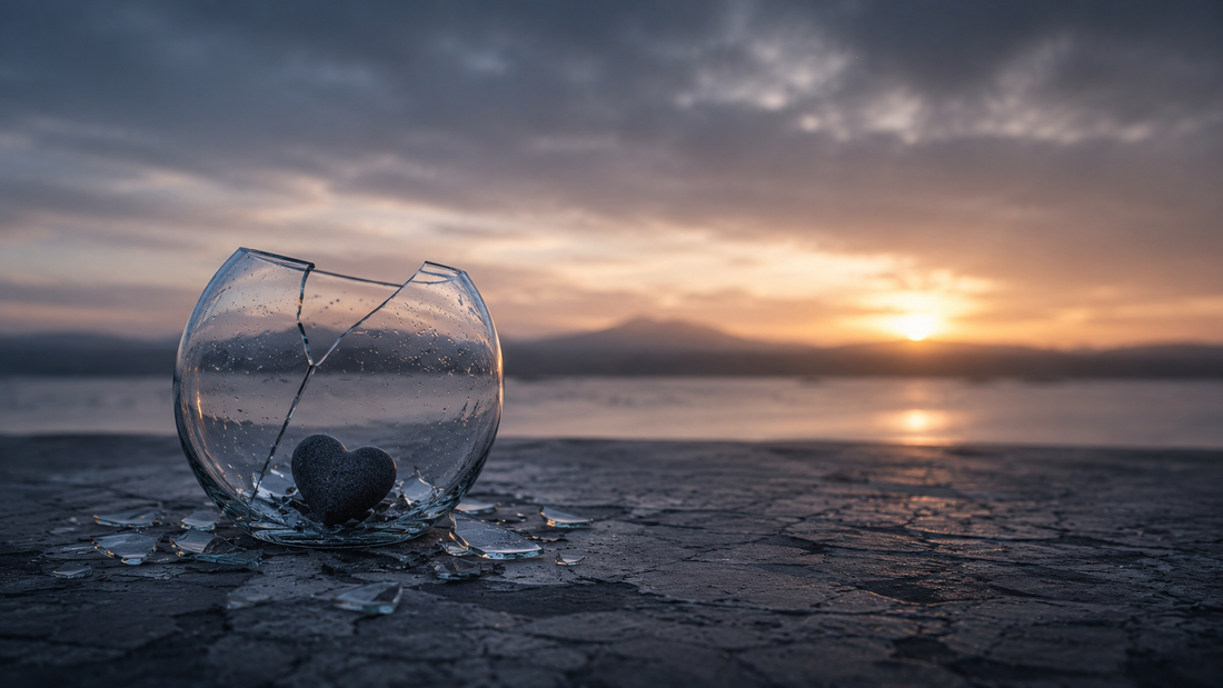 Broken glass vessel holding a dark heart-shaped stone at sunset, symbolizing emotional emptiness, acceptance, healing, and life after letting go of a relationship.