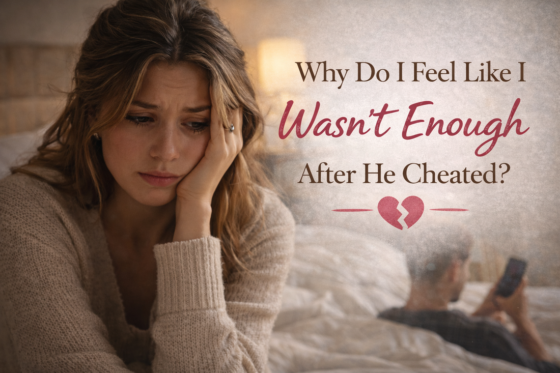Woman looking upset while partner in background on phone representing feeling not enough after cheating