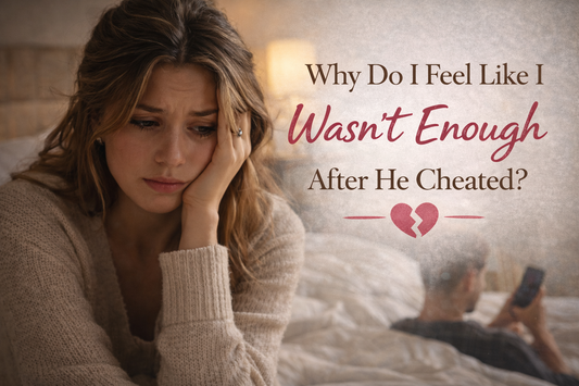Woman looking upset while partner in background on phone representing feeling not enough after cheating