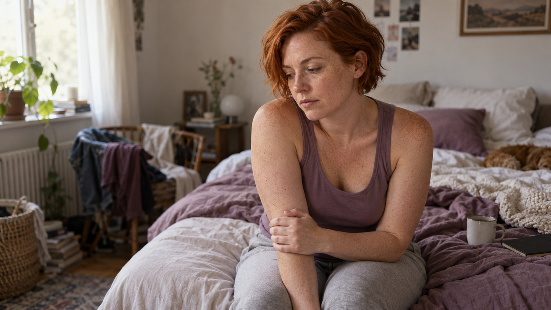 Short-haired red-haired woman in a purple tank top sitting thoughtfully on an unmade bed, reflecting feelings of sexual unattractiveness and low body confidence.