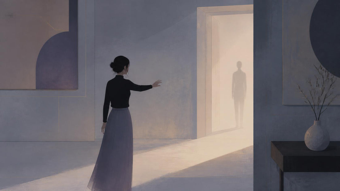 Editorial illustration of a lone figure reaching toward a distant doorway, symbolizing attraction to emotionally unavailable partners.