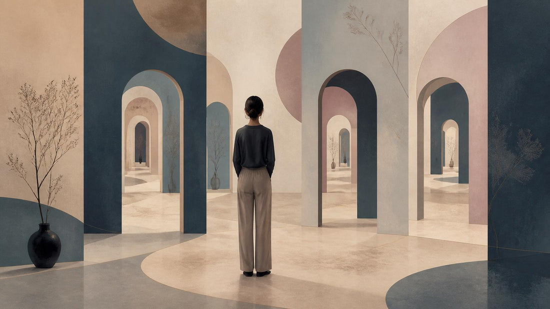 Editorial illustration of a lone figure surrounded by repeating doorways, symbolizing repeated relationship patterns.