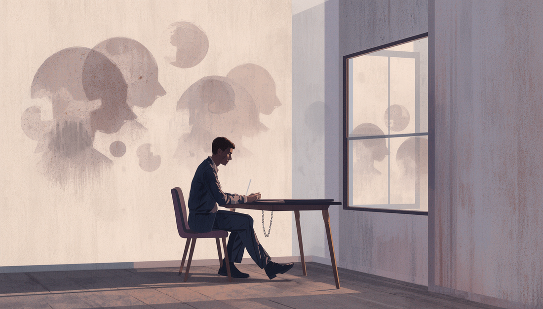 Editorial illustration of a lone reflective figure surrounded by subtle memory loops, symbolizing repetitive thoughts about an ex after a breakup.