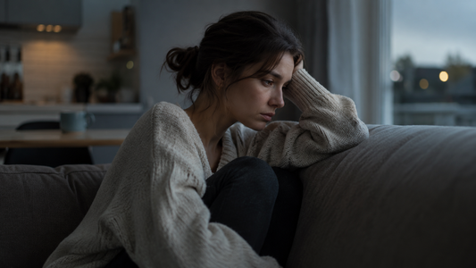 Person sitting alone on a couch at dusk, lost in thought while looking down, illustrating post-breakup rumination, lingering memories, and difficulty moving on after a relationship ends.