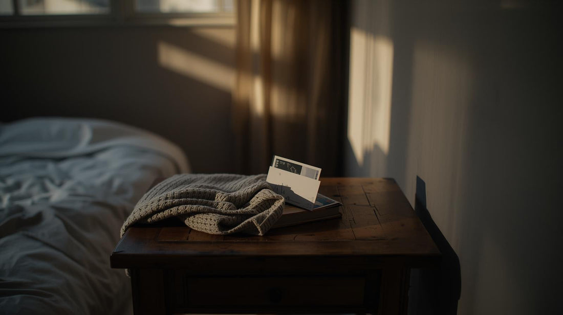 A casually draped sweater and a stack of photos lying on a wooden table in soft natural light, symbolizing lingering attachment and nostalgia after a breakup