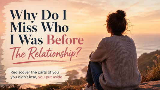 Person sitting alone overlooking the ocean at sunset reflecting on identity, personal growth, and rediscovering themselves after a relationship ends.