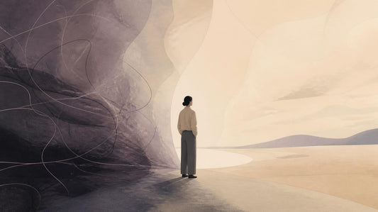 Editorial illustration of a lone figure between anxious looping shapes and a calm open space, symbolizing mistaking anxiety for love.