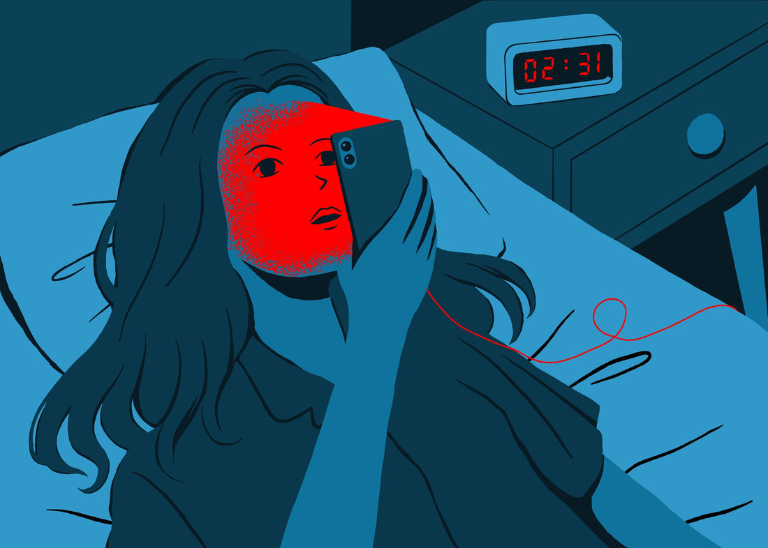 Illustrated scene of a woman lying in bed at night using a smartphone, with a red light shining from the phone onto her face. A digital alarm clock in the background shows 02:31.
