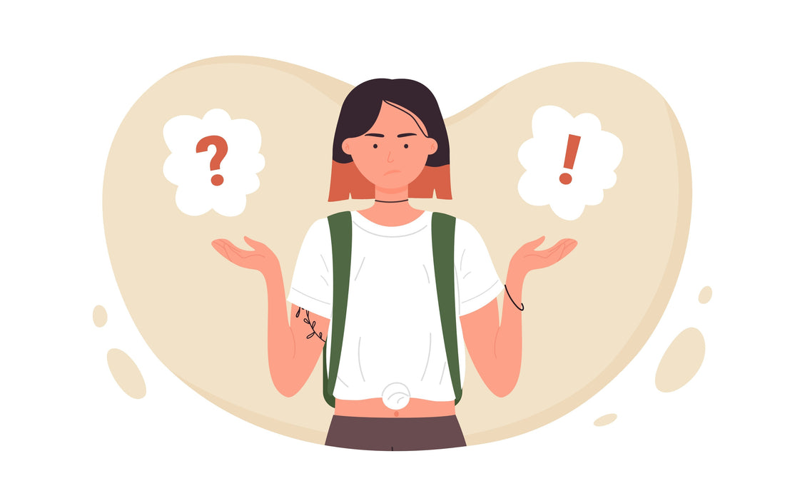 Illustration of a confused woman with question and exclamation marks, symbolising uncertainty about why a breakup still hurts long after the relationship ended.
