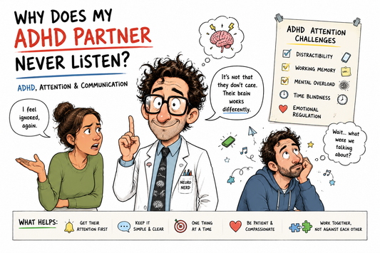 Illustrated neuroscientist explaining why ADHD partners may seem inattentive during conversations, highlighting attention differences, communication challenges, distractibility, and emotional connection in relationships.