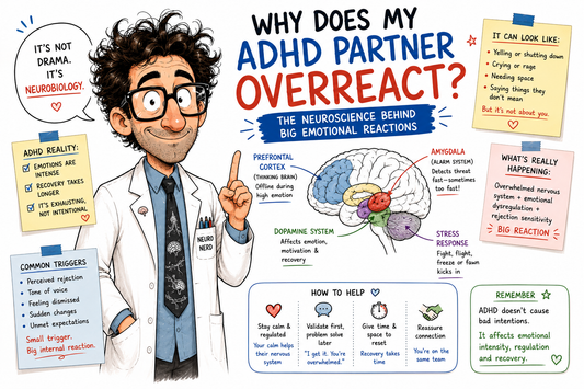 Geeky neuroscientist explaining why ADHD partners may seem to overreact, highlighting emotional intensity, rejection sensitivity, nervous system overwhelm, and emotional regulation differences in relationships.