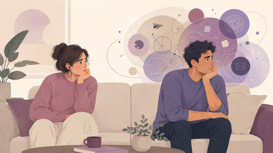 Illustration of one partner looking emotionally distant while the other watches with concern, symbolising ADHD distraction and relationship disconnection.