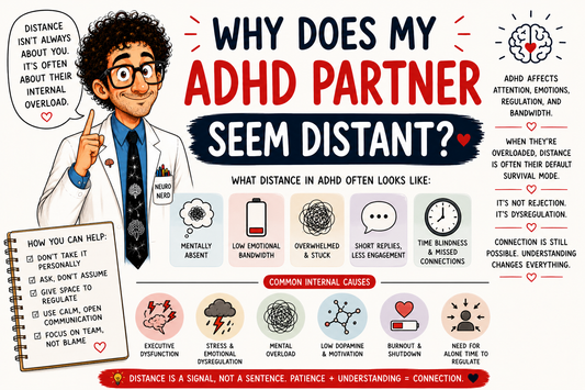 Why does my ADHD partner seem distant, showing emotional withdrawal, overwhelm, executive dysfunction, emotional dysregulation, burnout, and communication challenges in ADHD relationships.