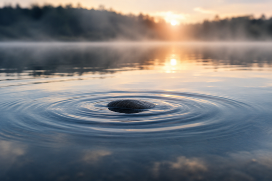 Single stone creating gentle ripples across a calm lake at sunrise, symbolizing how emotions and memories can unexpectedly resurface during healing after a breakup.