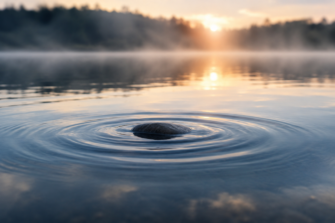 Single stone creating gentle ripples across a calm lake at sunrise, symbolizing how emotions and memories can unexpectedly resurface during healing after a breakup.