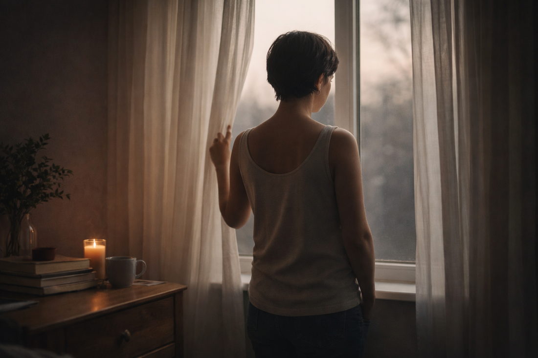 Woman with short hair in a beige tank top standing by a window in quiet evening light, reflecting on feelings that linger after a relationship ends.