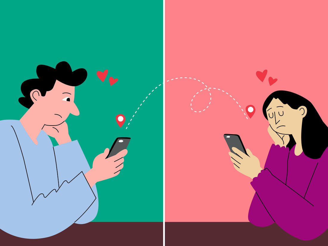 Illustration of an insecure long-distance couple checking their phones while living apart