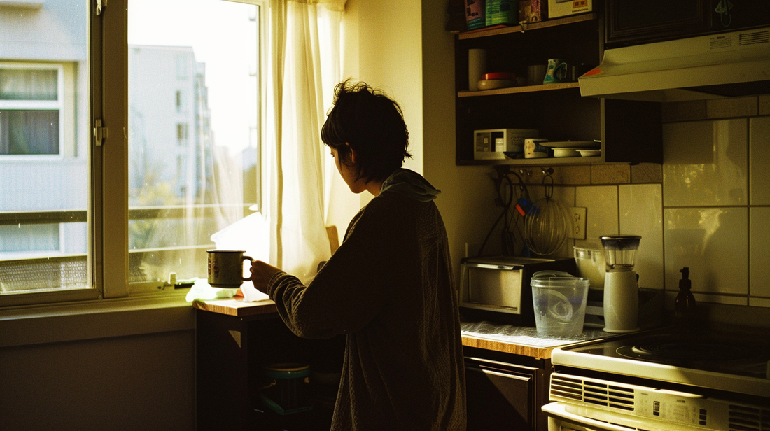 Person standing alone in a small kitchen, holding a mug by the window in warm afternoon light, lost in thought.