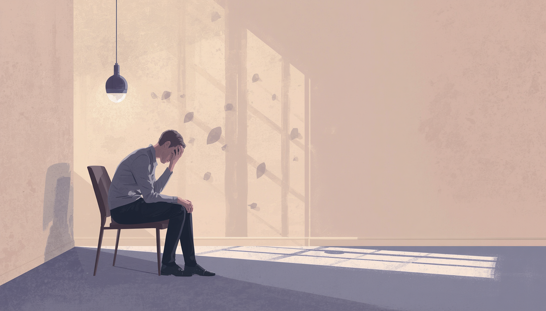 Editorial illustration of a lone reflective figure in a quiet room, symbolizing why silence feels loud after a breakup.