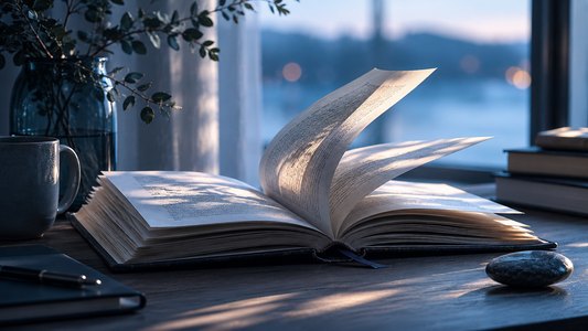 Open leather-bound book with pages turning on their own in soft evening light, symbolizing repeatedly revisiting memories, unanswered questions, and unfinished emotional chapters after a breakup.