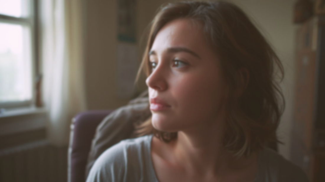 Woman sitting quietly with a distant expression, caught in repetitive thoughts about her ex.