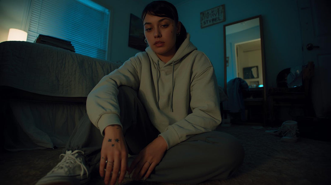 Pierced young woman sitting on bedroom floor at night with phone nearby, quietly waiting after a breakup