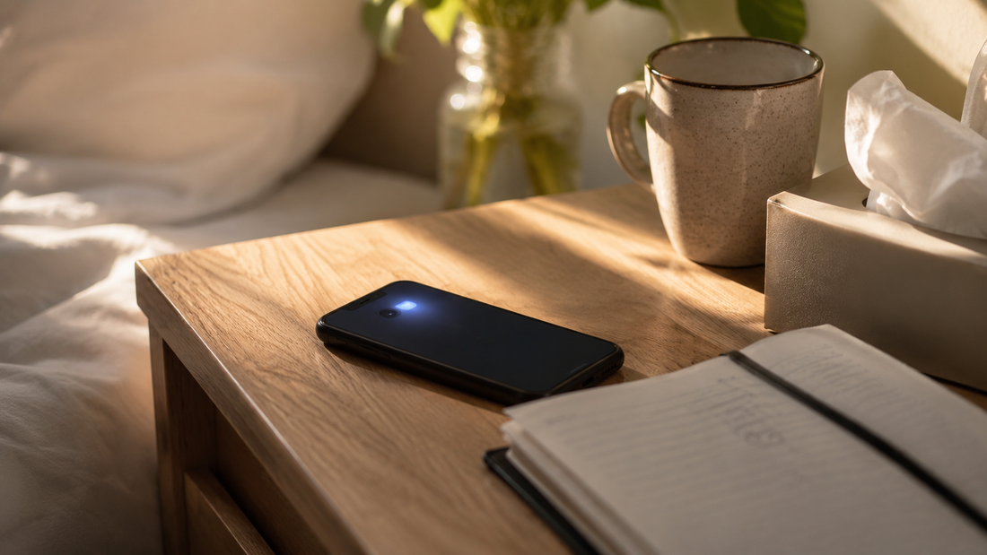Phone glowing on a warm bedside table beside a notebook, mug, and tissues, suggesting waiting for an ex to come back after a breakup.