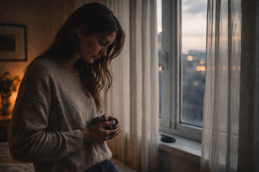 woman standing by a window at dusk holding a small keepsake, reflecting on the quiet comfort of carrying something privately after loss