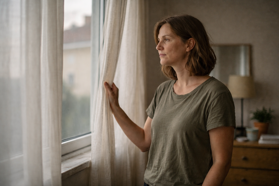 woman standing by a window in soft morning light, reflecting on the non linear path of healing after a breakup