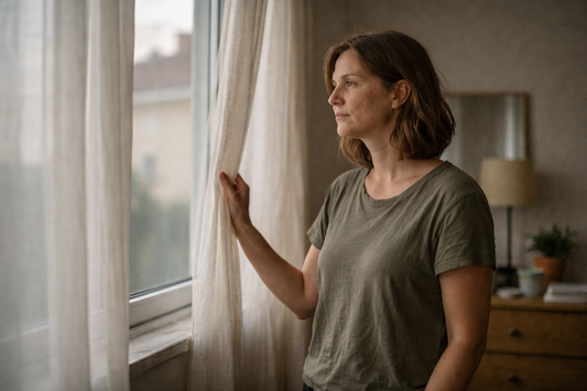 woman standing by a window in soft morning light, reflecting on the non linear path of healing after a breakup