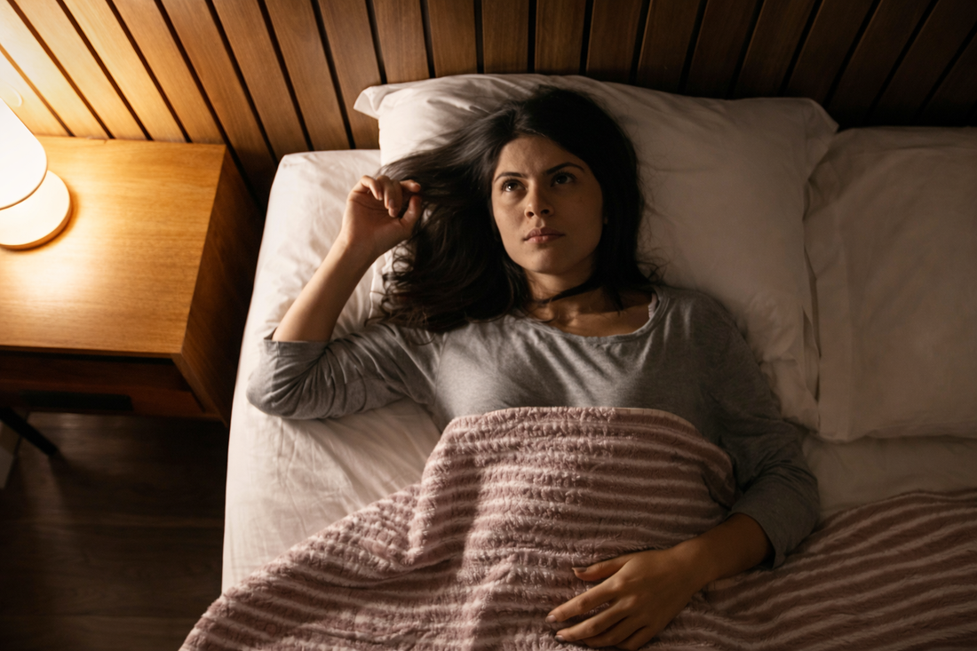 Woman lying awake in bed at night, staring at the ceiling and lost in thought, capturing quiet insomnia and emotional reflection.