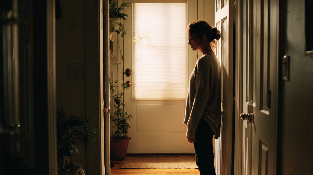 Woman pausing in an open doorway with her hand on the handle, hesitating between staying and moving forward.