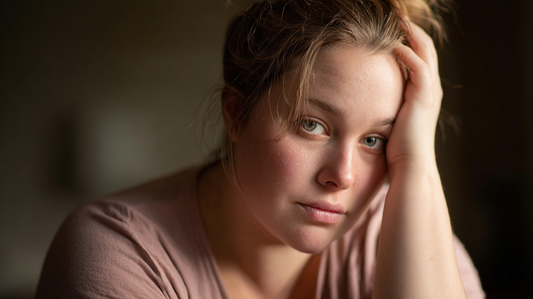 woman holding her head, confused look on her face after breakup