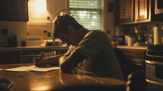 person sitting quietly with a pen and blank paper unsure what to say