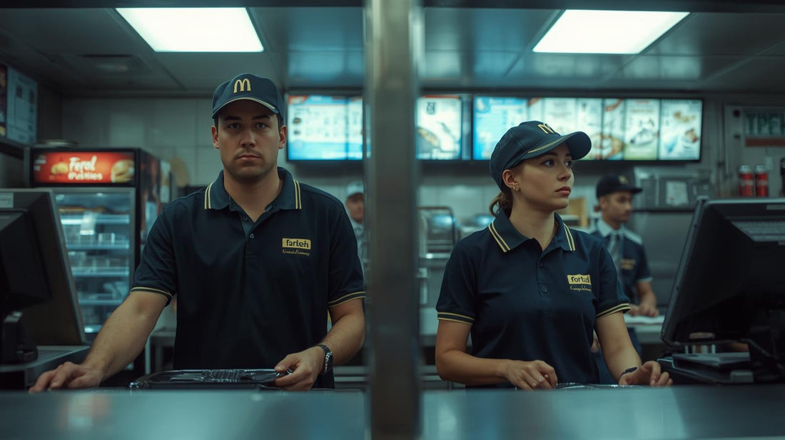 Mid 20s man and woman in fast food uniforms working behind counter while deliberately ignoring each other