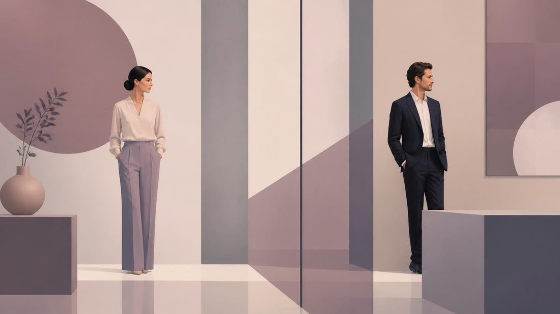 Flat illustration of two people in separate professional spaces with geometric dividers between them, representing maintaining professional boundaries while working with an ex