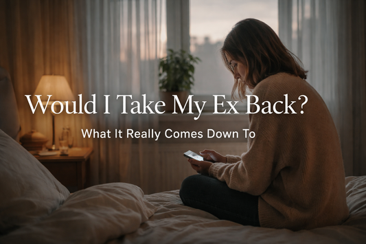 Person sitting on a bed looking at their phone, reflecting on whether they would take an ex back after a breakup.