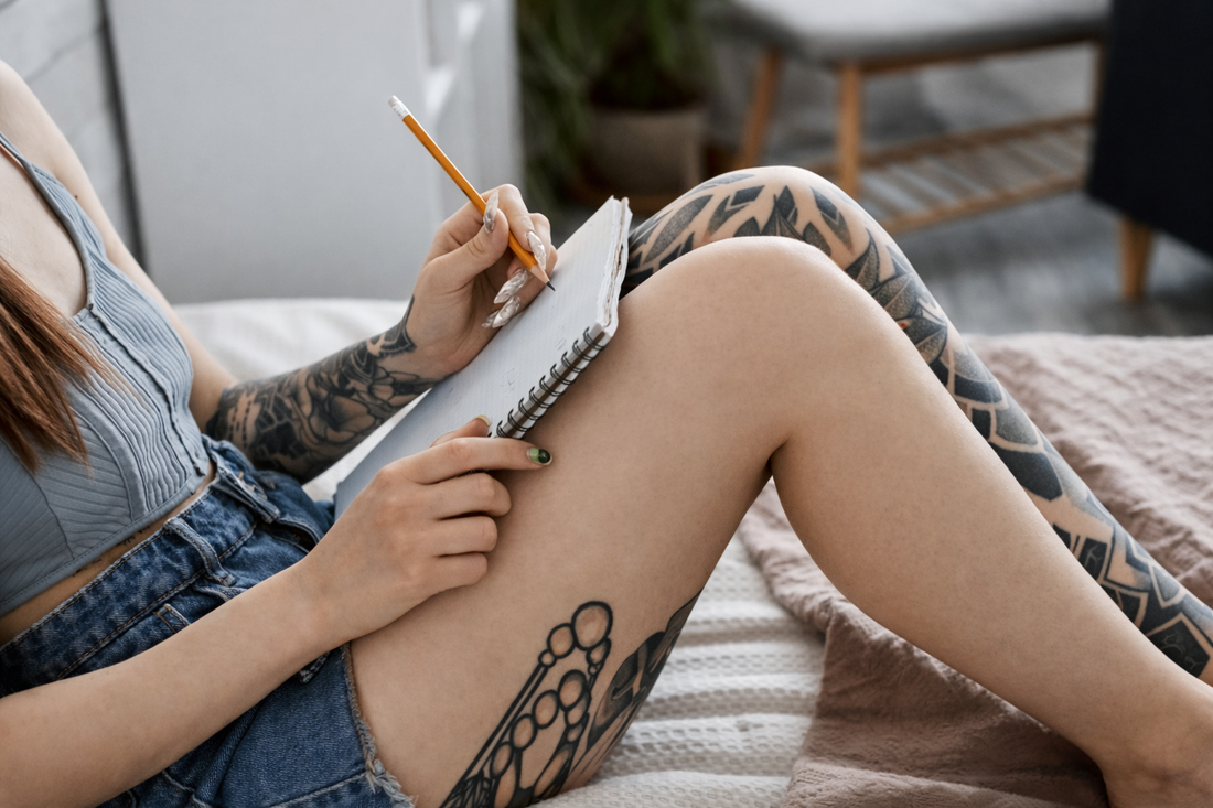 A woman sitting on a bed writing in a notebook, reflecting privately while journaling an unsent letter after a breakup.