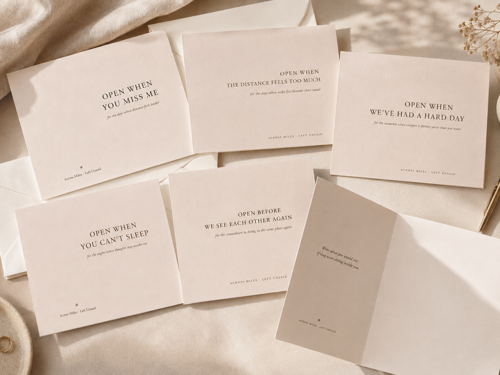Across Miles Open When Letters showing five printed cards and matching envelopes