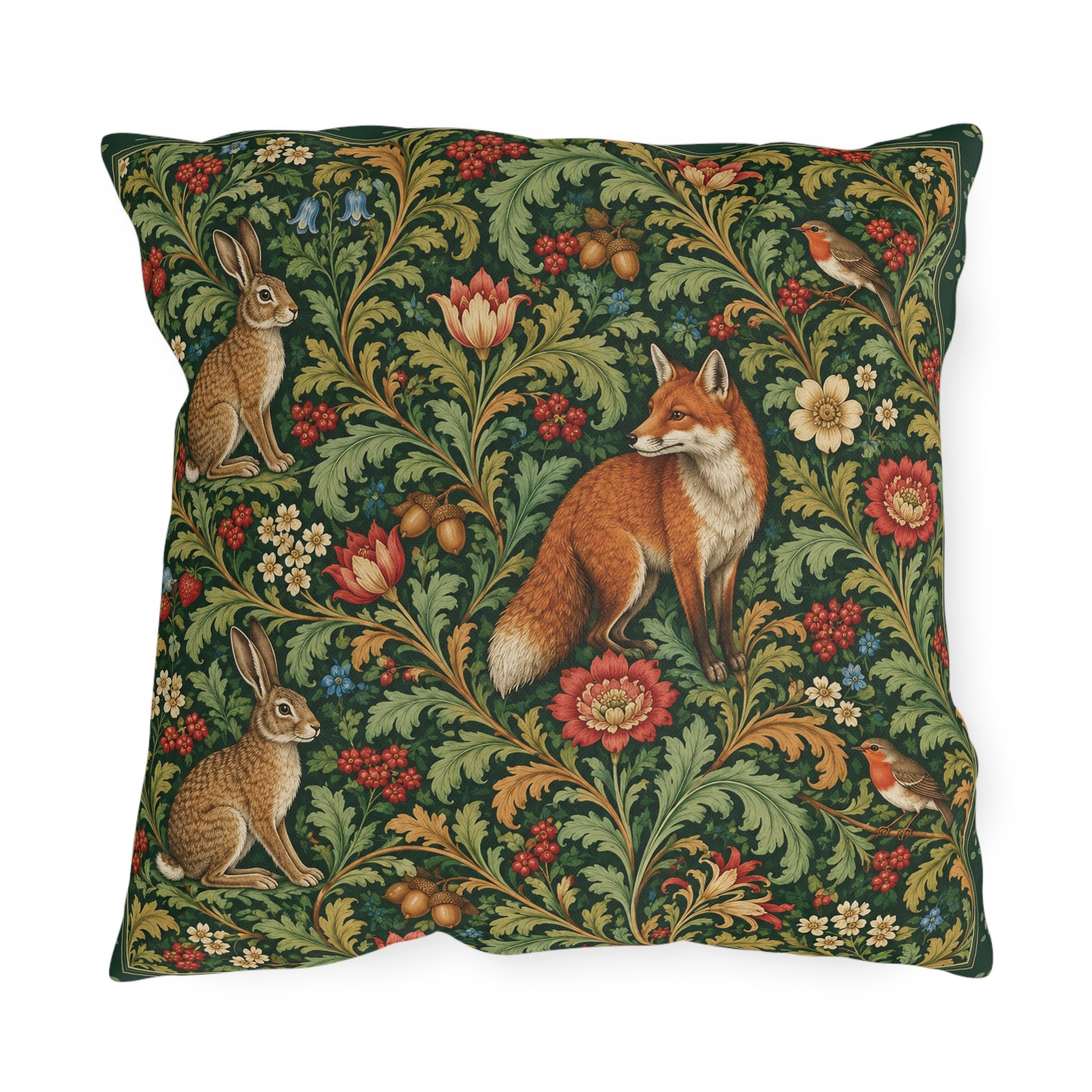William Morris inspired woodland fox and rabbit outdoor pillow with floral foliage and robins
