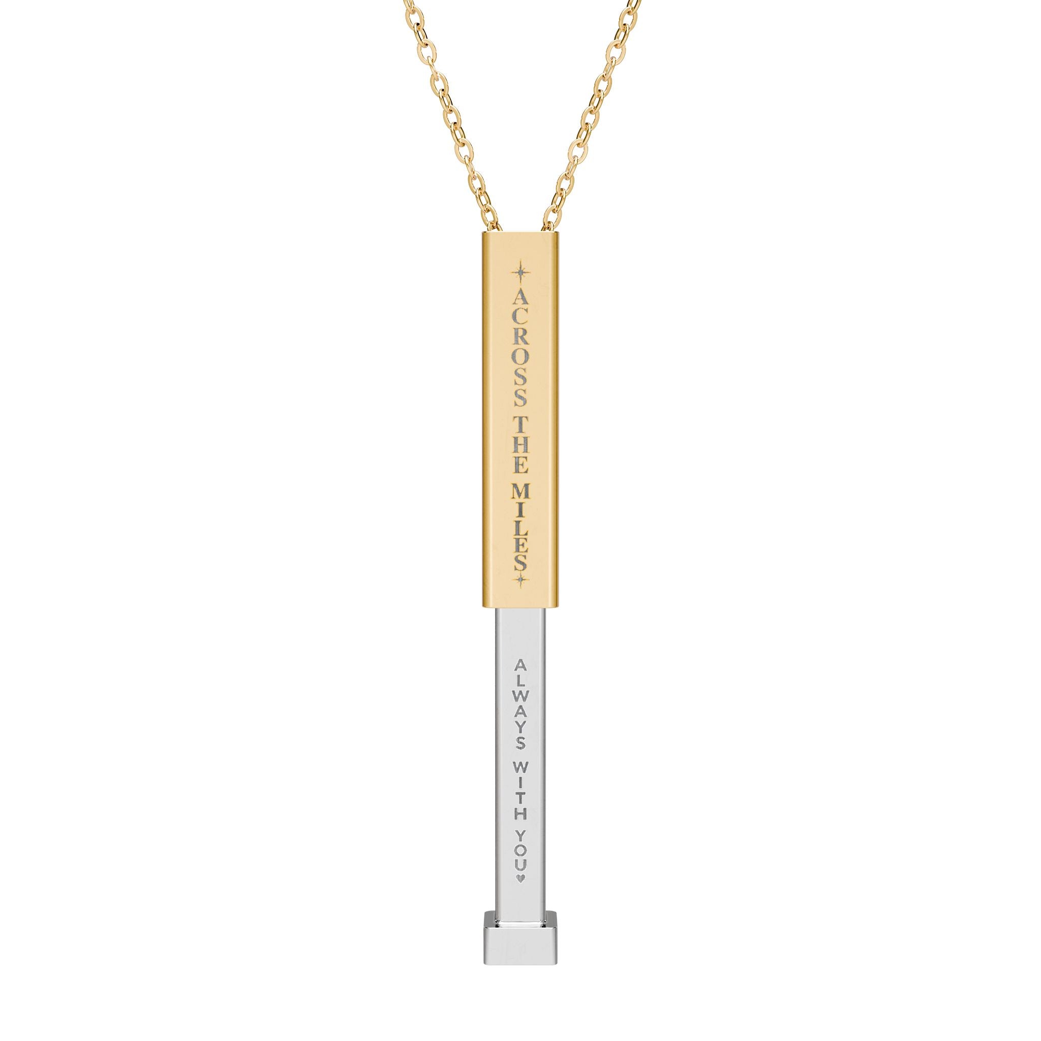 Sliding necklace opened to show Across the Miles outside and Always With You hidden inside