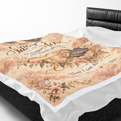 Cream long distance relationship blanket featuring moonlit clouds and romantic intertwined hearts