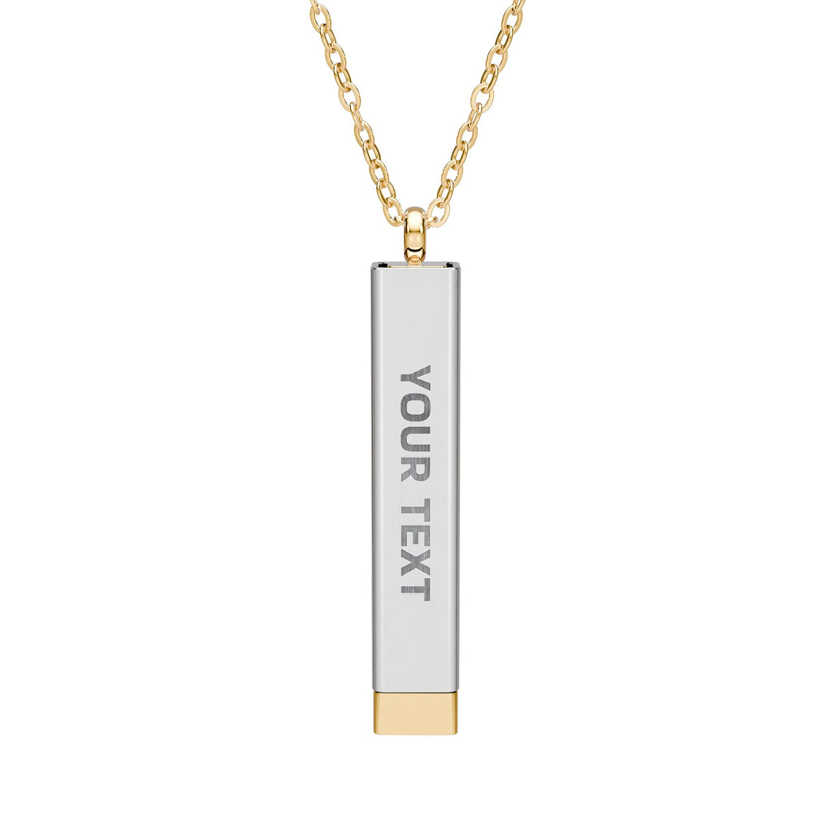 A vertical rectangular pendant necklace with a silver-toned bar and a gold-toned chain and bottom cap, featuring the text 'YOUR TEXT' on the front.