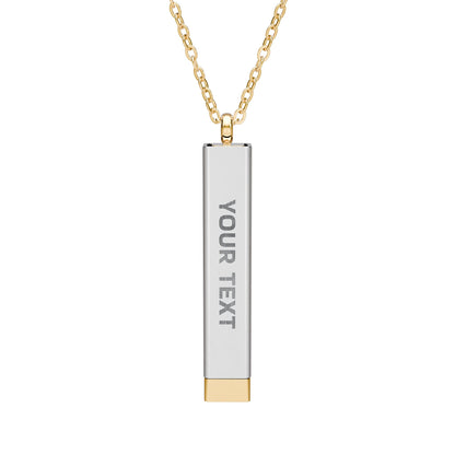 A vertical rectangular pendant necklace with a silver-toned bar and a gold-toned chain and bottom cap, featuring the text 'YOUR TEXT' on the front.