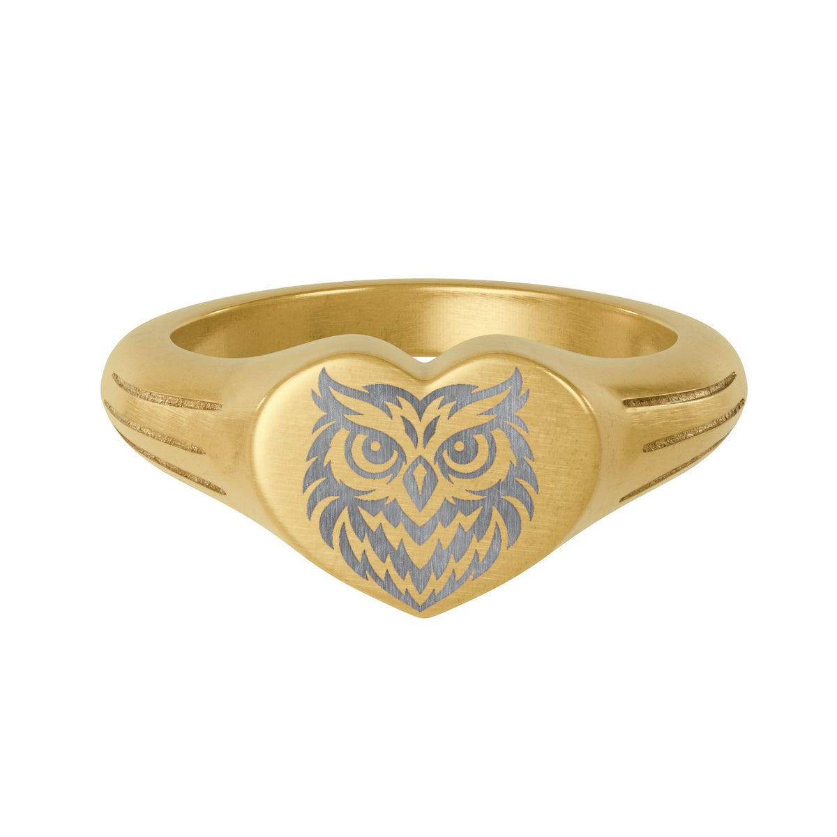 Close-up of engraved owl heart signet ring in 18K gold PVD finish