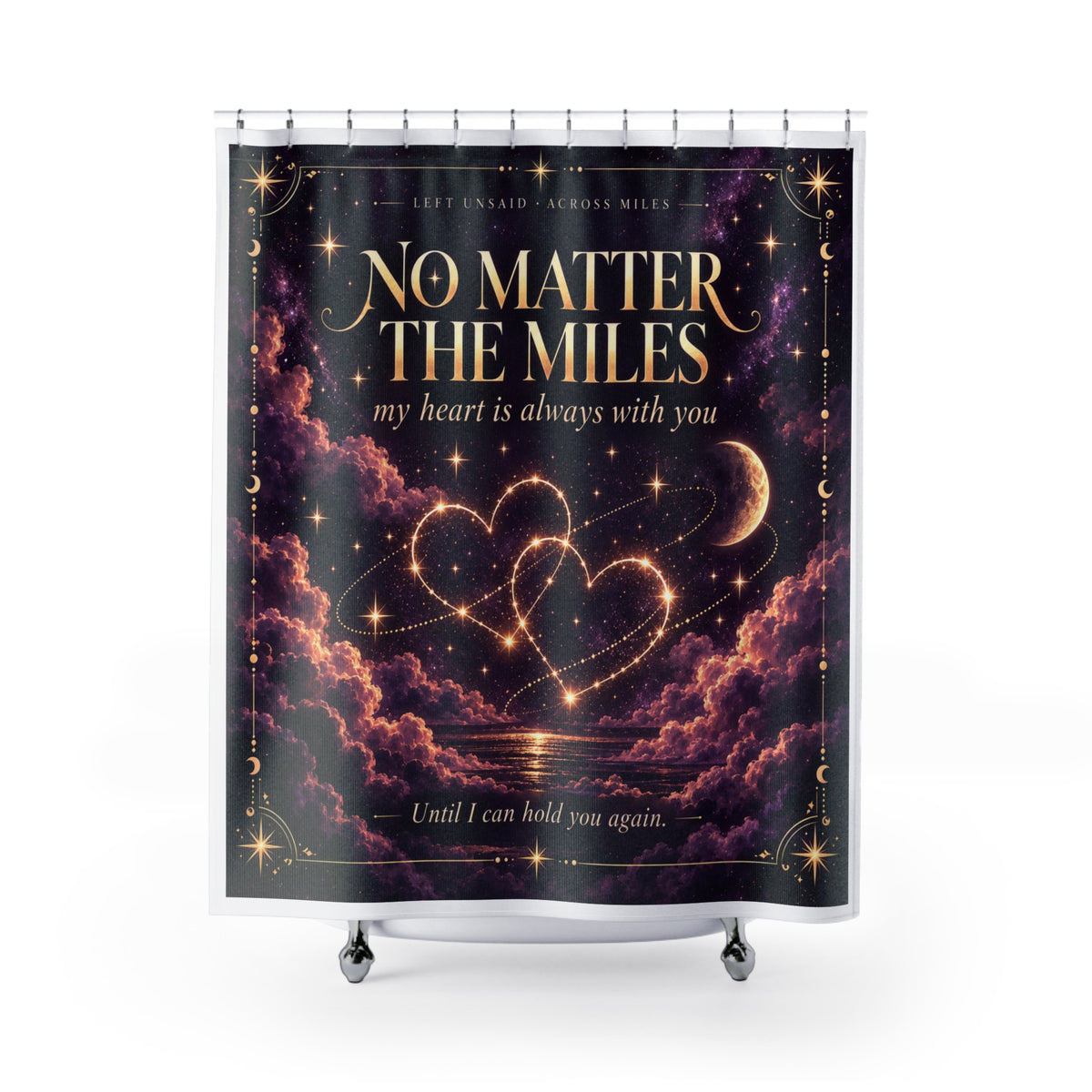 Long distance love shower curtain with purple and gold celestial artwork displayed in a bathroom