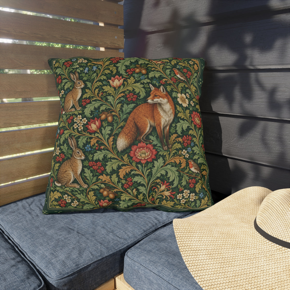 A square decorative throw pillow with a detailed tapestry-style print of a fox, rabbits, and floral foliage on a dark green background, styled on a blue outdoor patio cushion next to a straw hat.