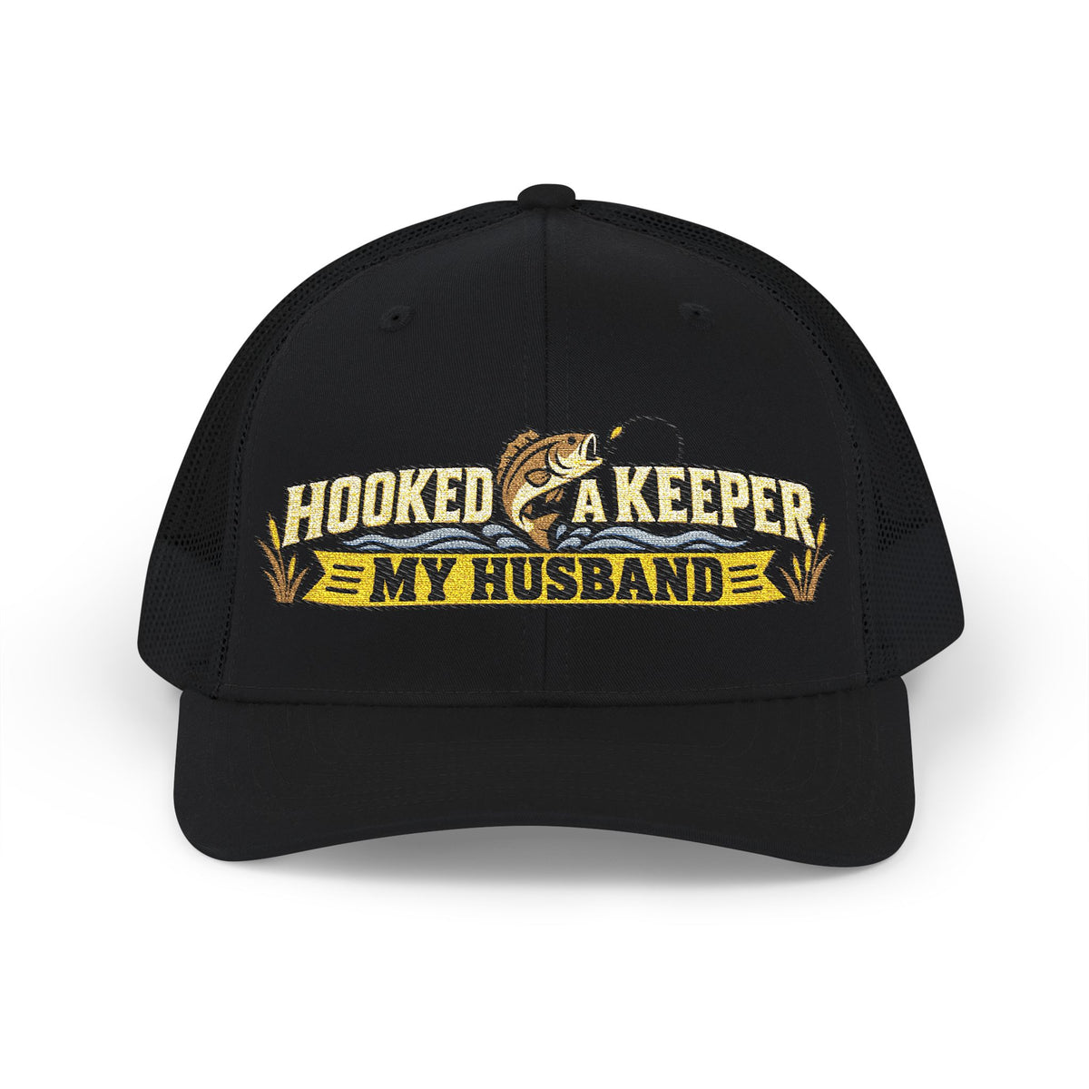 Black cap with hooked a keeper  logo on a with a fisher motif.